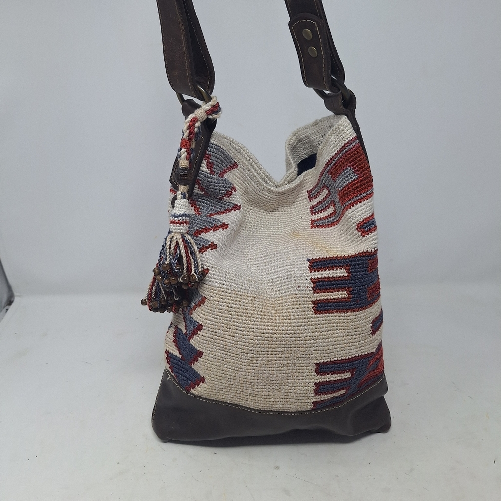 Peruvian Connection White Blue Woven Brown Leather Crossbody Bag Bohemian Hippie